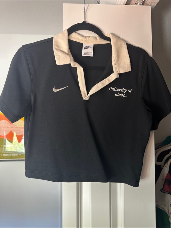 Nike Tops - Nike Black Cropped Polo with Cream Collar and University Embroidery